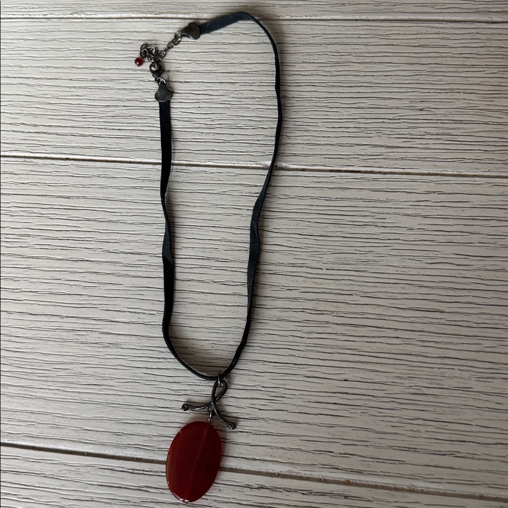 Sundance Red Pendant Necklace with Black Ribbon